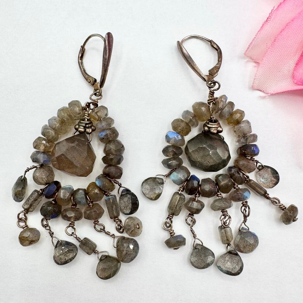 Labradorite Chandelier Earrings Silver Wire Wrapped Artisan Handmade Boho Glam